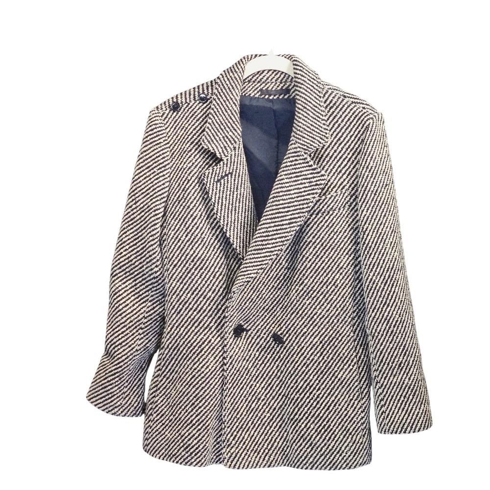 Vintage Womens Gray Herringbone Double Breasted Blazer Jacket‎ 46R Dark Academia
